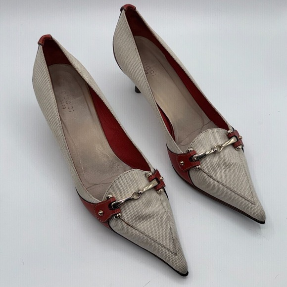 Gucci Womens Pumps US 8.5 B Gray Red Canvas Horsebit Pointed Toe Kitten Heel - Picture 12 of 13